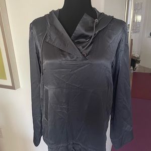 Silk pullover top with hood and front pocket